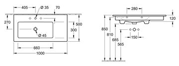 VILLEROY & BOCH VERITY LINE umývadlo 100 cm, s otvorom pre batériu a prepadom, CeramicPlus, alpská biela 4A14L1R1 Technický nákres