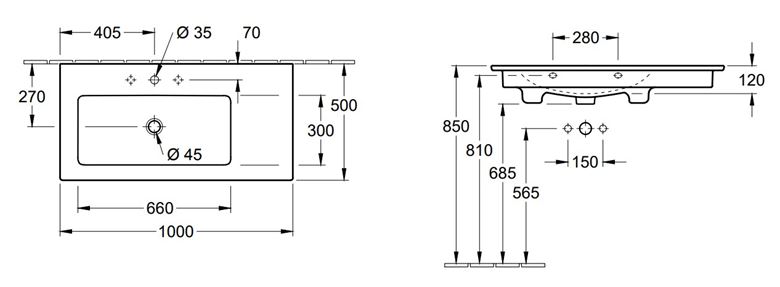 VILLEROY & BOCH VERITY LINE umývadlo 100 cm, s otvorom pre batériu a prepadom, CeramicPlus, alpská biela 4A14L1R1 Technický nákres