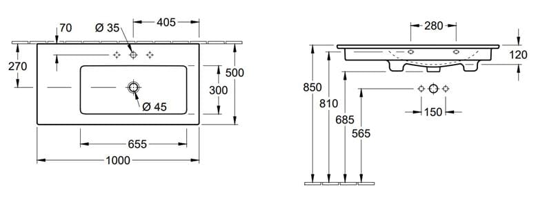 VILLEROY & BOCH VERITY LINE umývadlo 100 cm, s otvorom pre batériu a prepadom, alpská biela 4A14R101 Technický nákres