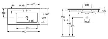 VILLEROY & BOCH VERITY LINE umývadlo 100 cm, s otvorom pre batériu a prepadom, CeramicPlus, alpská biela 4A14R1R1 Technický nákres