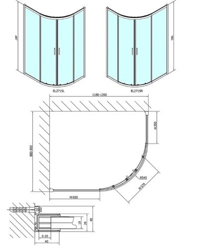 POLYSAN EASY LINE sprchový kút 120x90 cm, R550, posuvné dvere, leštený hliník/sklo číre EL2715 Technický nákres