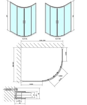 POLYSAN EASY LINE sprchový kút 120x90 cm, R550, posuvné dvere, leštený hliník/sklo číre EL2715 Technický nákres