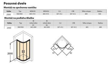 HÜPPE CLASSICS 2 EASY ENTRY B1/B2 sprchový kút 90x90 cm, R500, posuvné dvere, pololesklá strieborná/číre sklo C25502.069.322 Technický nákres
