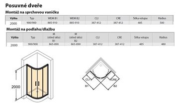 HÜPPE CLASSICS 2 EASY ENTRY B1/B2 sprchový kút 90x90 cm, R500, posuvné dvere, matná strieborná/číre sklo C25502.087.322 Technický nákres