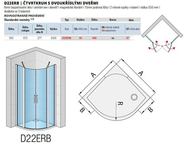 RONAL DIVERA D22ERB sprchový kút 80x80 cm, R550, krídlové dvere, aluchróm/číre sklo D22ERB 55 080 50 07 Technický nákres