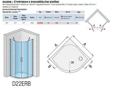 RONAL DIVERA D22ERB sprchový kút 80x80 cm, R550, krídlové dvere, aluchróm/číre sklo D22ERB 55 080 50 07 Technický nákres