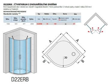 RONAL DIVERA D22ERB sprchový kút 100x100 cm, R550, krídlové dvere, aluchróm/číre sklo D22ERB 55 100 50 07 Technický nákres
