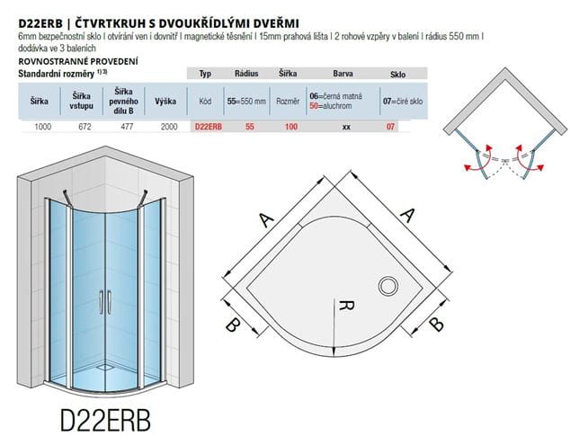 RONAL DIVERA D22ERB sprchový kút 100x100 cm, R550, krídlové dvere, aluchróm/číre sklo D22ERB 55 100 50 07 Technický nákres