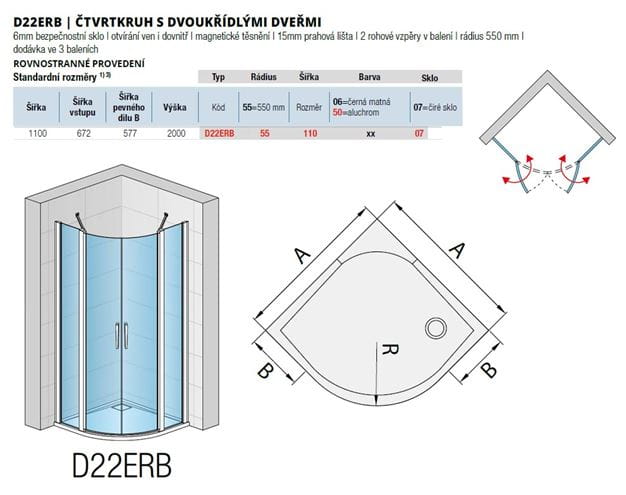 RONAL DIVERA D22ERB sprchový kút 110x110 cm, R550, krídlové dverami, aluchróm/číre sklo D22ERB 55 110 50 07 Technický nákres