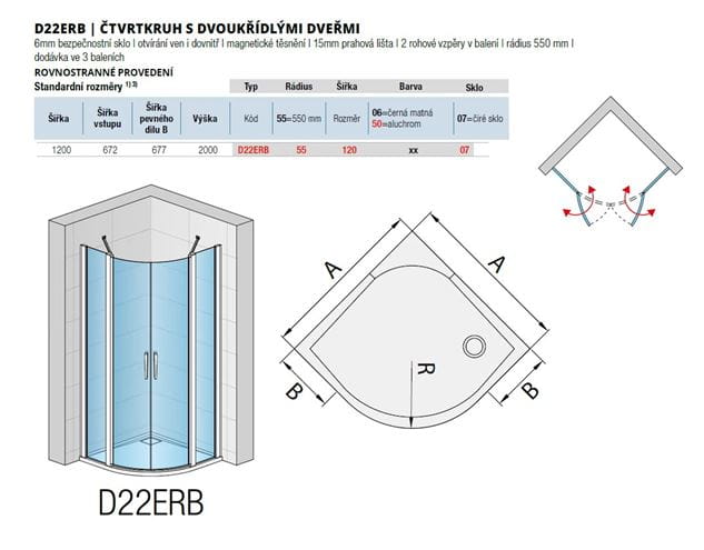 RONAL DIVERA D22ERB sprchový kút 120x120 cm, R550, krídlové dvere, aluchróm/číre sklo D22ERB 55 120 50 07 Technický nákres