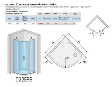 RONAL DIVERA D22ERB sprchový kút 120x120 cm, R550, krídlové dvere, aluchróm/číre sklo D22ERB 55 120 50 07 Technický nákres