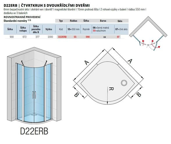 RONAL DIVERA D22ERB sprchový kút 90x90 cm, R550, krídlové dvere, sklo, aluchrom/Screen D22ERB 55 090 50 87 Technický nákres