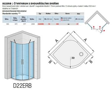 RONAL DIVERA D22ERB sprchový kút 90x90 cm, R550, krídlové dvere, sklo, aluchrom/Screen D22ERB 55 090 50 87 Technický nákres