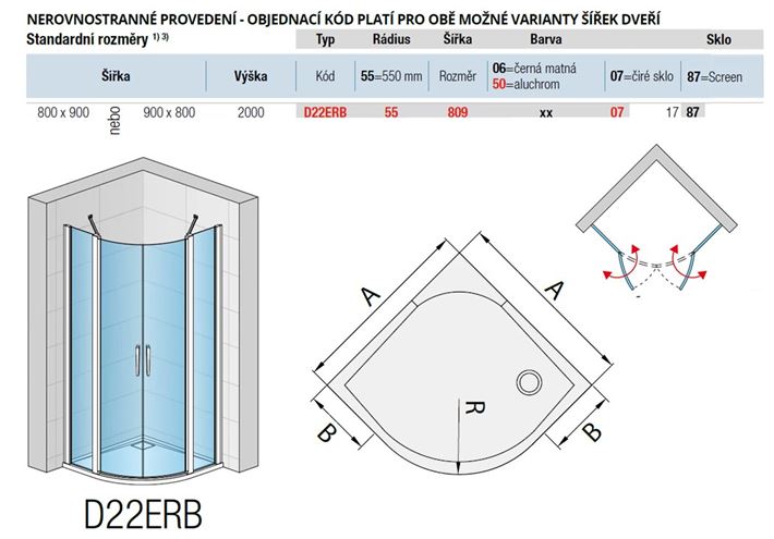 RONAL DIVERA D22ERB sprchový kút 80x90 cm, R550, krídlové dvere, aluchróm/číre sklo D22ERB 55 809 50 07 Technický nákres
