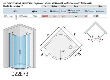 RONAL DIVERA D22ERB sprchovací kút 80x110 cm, R550, krídlové dvere, aluchróm/číre sklo D22ERB 55 811 50 07 Technický nákres