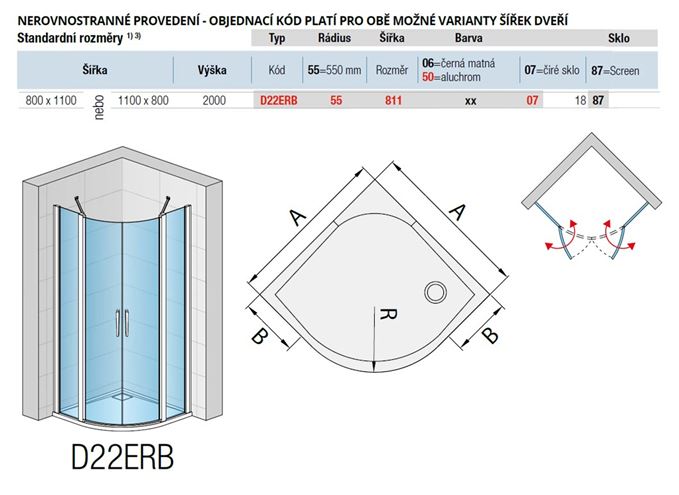 RONAL DIVERA D22ERB sprchovací kút 80x110 cm, R550, krídlové dvere, aluchróm/číre sklo D22ERB 55 811 50 07 Technický nákres