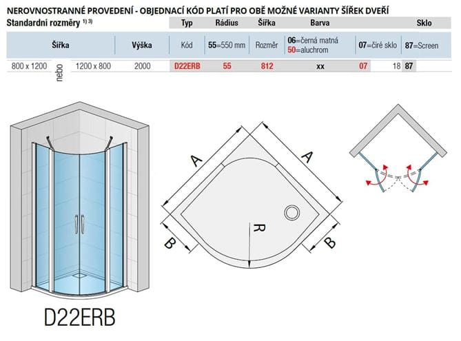 RONAL DIVERA D22ERB sprchový kút 80x120 cm, R550, krídlové dvere, aluchróm/číre sklo D22ERB 55 812 50 07 Technický nákres