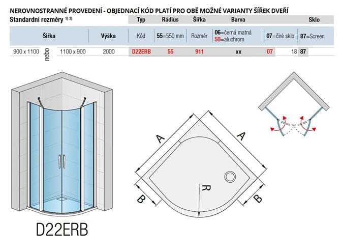 RONAL DIVERA D22ERB sprchový kút 90x110 cm, R550, krídlové dvere, aluchróm/číre sklo D22ERB 55 911 50 07 Technický nákres
