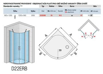 RONAL DIVERA D22ERB sprchový kút 90x120 cm, R550, krídlové dvere, aluchróm/číre sklo D22ERB 55 912 50 07 Technický nákres