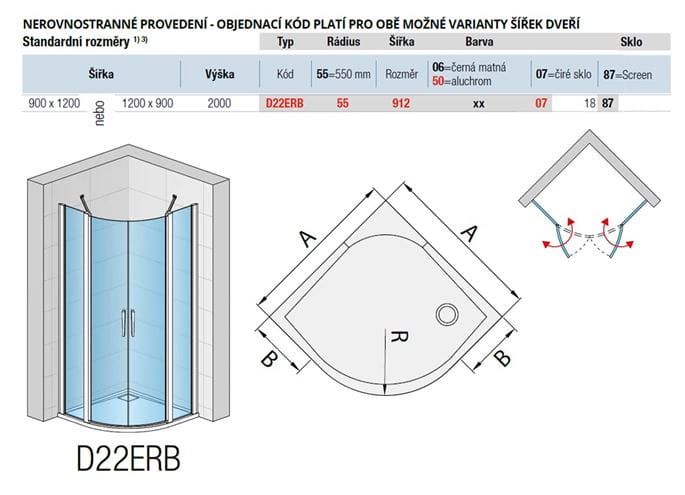 RONAL DIVERA D22ERB sprchový kút 90x120 cm, R550, krídlové dvere, aluchróm/číre sklo D22ERB 55 912 50 07 Technický nákres