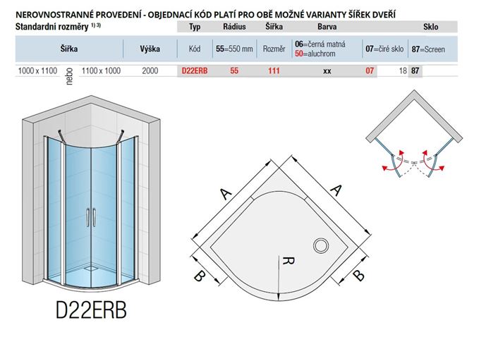RONAL DIVERA D22ERB sprchový kút 100x110 cm, R550, krídlové dvere, aluchróm/číre sklo D22ERB 55 111 50 07 Technický nákres