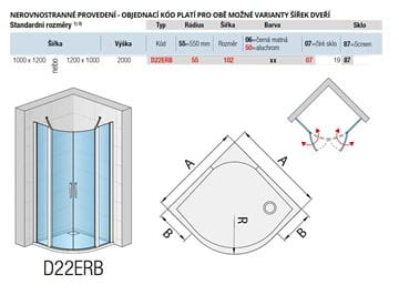 RONAL DIVERA D22ERB sprchový kút 100x120 cm, R550, krídlové dvere, aluchróm/číre sklo D22ERB 55 102 50 07 Technický nákres