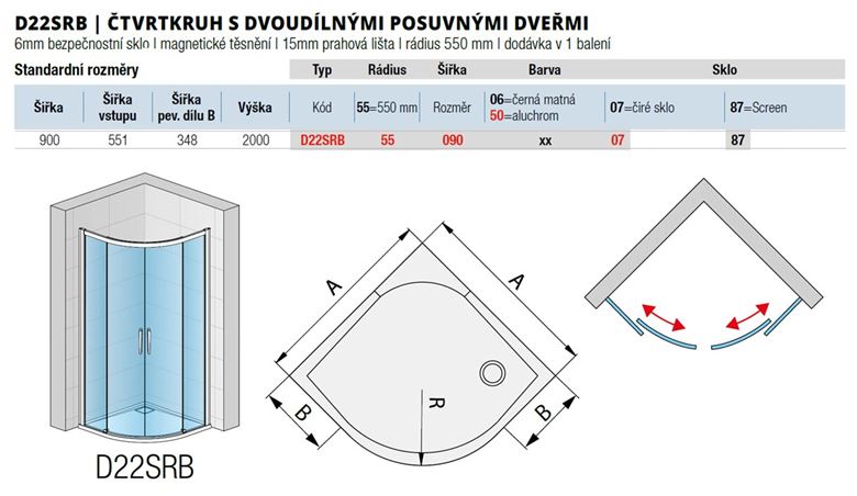 RONAL DIVERA D22SRB sprchovací kút 90x90 cm, R550, posuvné dvere, aluchróm/číre sklo D22SRB 55 090 50 07 Technický nákres
