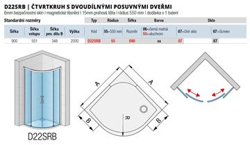 RONAL DIVERA D22SRB sprchový kút 90x90 cm, R550, posuvné dvere, sklo, aluchrom/Screen D22SRB 55 090 50 87 Technický nákres