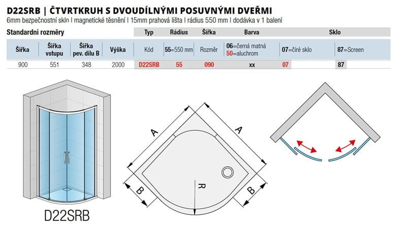 RONAL DIVERA D22SRB sprchový kút 90x90 cm, R550, posuvné dvere, sklo, aluchrom/Screen D22SRB 55 090 50 87 Technický nákres