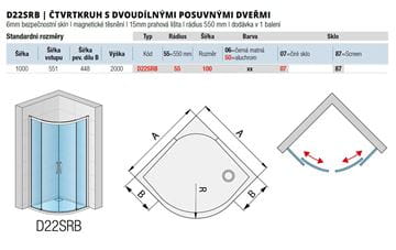 RONAL DIVERA D22SRB sprchový kút 100x100 cm, R550, posuvné dvere, aluchróm/číre sklo D22SRB 55 100 50 07 Technický nákres