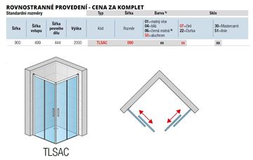 RONAL TOP-LINE S TLSAC sprchový kút 90x90 cm, rohový vstup, posuvné dvere, aluchróm/číre sklo TLSAC 090 50 07 Technický nákres