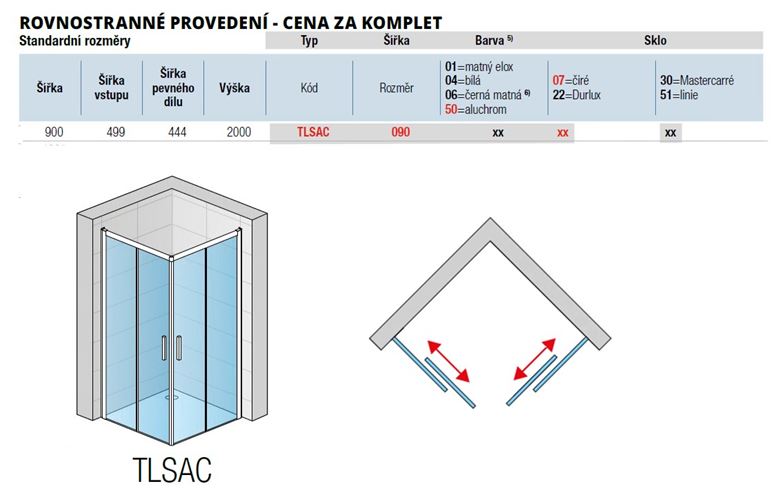 RONAL TOP-LINE S TLSAC sprchový kút 90x90 cm, rohový vstup, posuvné dvere, aluchróm/číre sklo TLSAC 090 50 07 Technický nákres