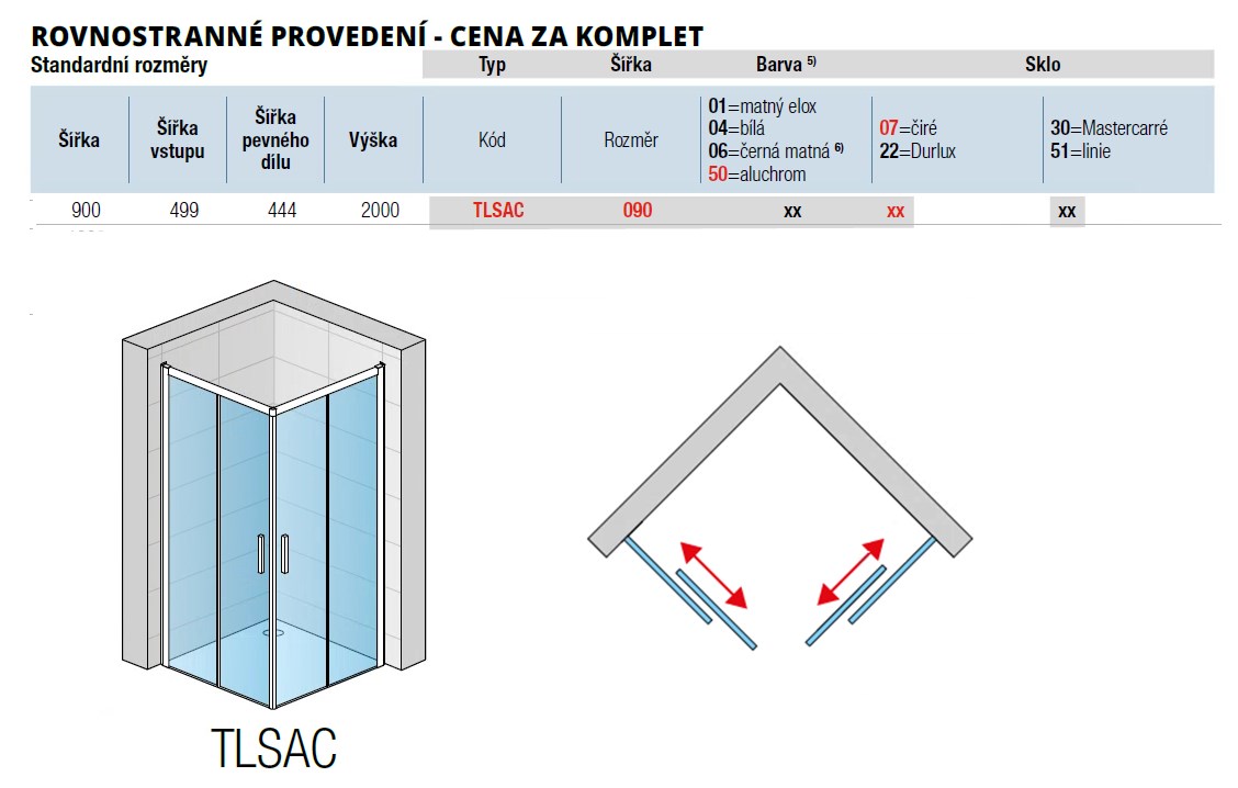 RONAL TOP-LINE S TLSAC sprchový kút 90x90 cm, rohový vstup, posuvné dvere, black line/číre sklo TLSAC 090 06 07 Technický nákres
