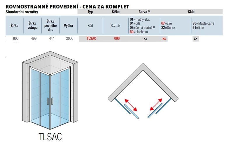 RONAL TOP-LINE S TLSAC sprchový kút 90x90 cm, rohový vstup, posuvné dvere, black line/číre sklo TLSAC 090 06 07 Technický nákres