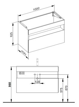 KEUCO STAGELINE skrinka pod umývadlo 100x49x62, 5 cm, 1 zásuvka, 1 polica, s osvetlením, matná biela 32872300100 Technický nákres