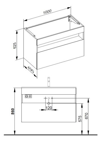 KEUCO STAGELINE skrinka pod umývadlo 100x49x62, 5 cm, 1 zásuvka, 1 polica, s osvetlením, matná biela 32872300100 Technický nákres