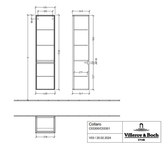 VILLEROY & BOCH COLLARO vysoká skrinka 40,4x34,9x153,8 cm, 2 dvierka, pánty vľavo, Oak Kansas C03300RH Technický nákres