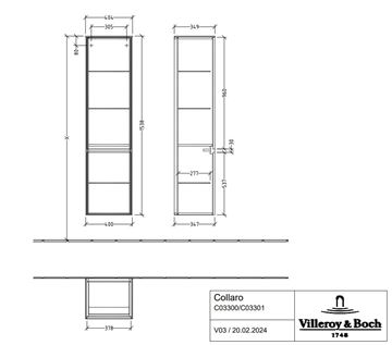 VILLEROY & BOCH COLLARO vysoká skrinka 40,4x34,9x153,8 cm, 2 dvierka, pánty vľavo, Oak Kansas C03300RH Technický nákres