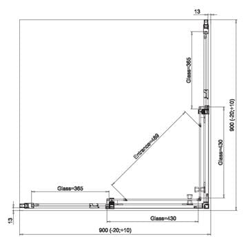 RONAL DIVERA D22SE2B sprchový kút 90x90 cm, rohový vstup, posuvné dvere, aluchróm/číre sklo D22SE2B 090 50 07 Technický nákres