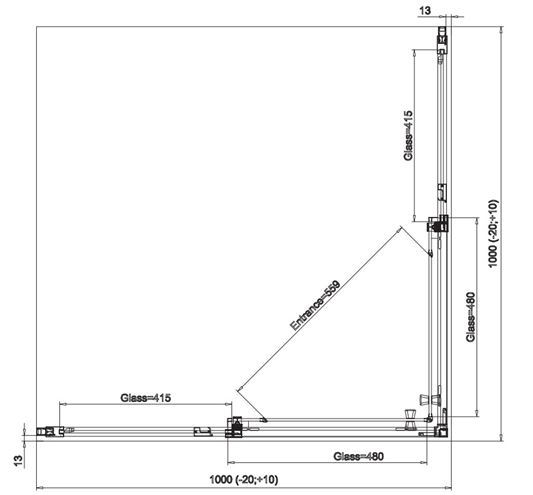 RONAL DIVERA D22SE2B sprchový kút 100x100 cm, rohový vstup, posuvné dvere, aluchróm/číre sklo D22SE2B 100 50 07 Technický nákres