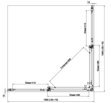 RONAL DIVERA D22SE2B sprchový kút 100x100 cm, rohový vstup, posuvné dvere, aluchróm/číre sklo D22SE2B 100 50 07 Technický nákres