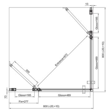 RONAL DIVERA D22DE2B sprchový kút 80x80 cm, rohový vstup, krídlové dvere, aluchróm/číre sklo D22DE2B 080 50 07 Technický nákres