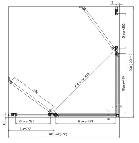 RONAL DIVERA D22DE2B sprchový kút 90x90 cm, rohový vstup, krídlové dvere, aluchróm/číre sklo D22DE2B 090 50 07 Technický nákres
