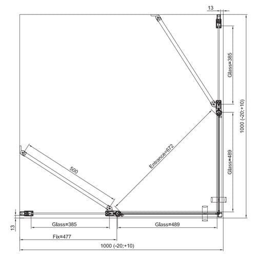 RONAL DIVERA D22DE2B sprchový kút 100x100 cm, rohový vstup, krídlové dvere, aluchróm / číre sklo D22DE2B 100 50 07 Technický nákres