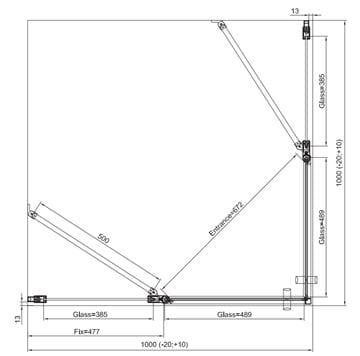RONAL DIVERA D22DE2B sprchový kút 100x100 cm, rohový vstup, krídlové dvere, aluchróm / číre sklo D22DE2B 100 50 07 Technický nákres