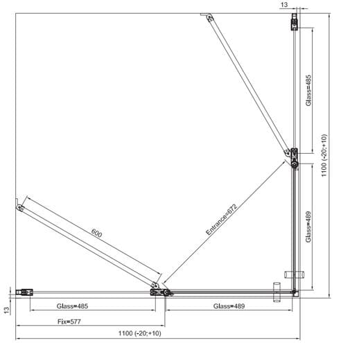 RONAL DIVERA D22DE2B sprchový kút 110x110 cm, rohový vstup, krídlové dvere, aluchróm/číre sklo D22DE2B 110 50 07 Technický nákres