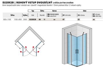 RONAL DIVERA D22DE2B sprchový kút 80x110 cm, rohový vstup, krídlové dvere, aluchróm / číre sklo D22DE2B 80 11 50 07 Technický nákres