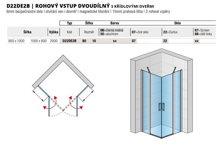 RONAL DIVERA D22DE2B sprchový kút 80x100 cm, rohový vstup, krídlové dvere, aluchróm/číre sklo D22DE2B 80 10 50 07 Technický nákres