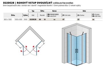 RONAL DIVERA D22DE2B sprchový kút 80x100 cm, rohový vstup, krídlové dvere, aluchróm/číre sklo D22DE2B 80 10 50 07 Technický nákres