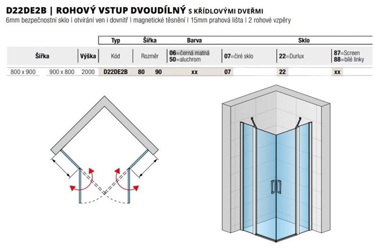 RONAL DIVERA D22DE2B sprchový kút 80x90 cm, rohový vstup, krídlové dvere, aluchróm / číre sklo D22DE2B 80 90 50 07 Technický nákres